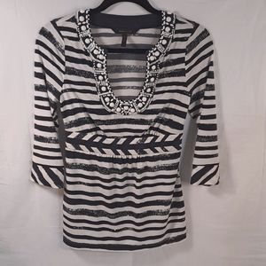 BCBG Maxazria black and white knit top with jewels around neckline. Size XS.